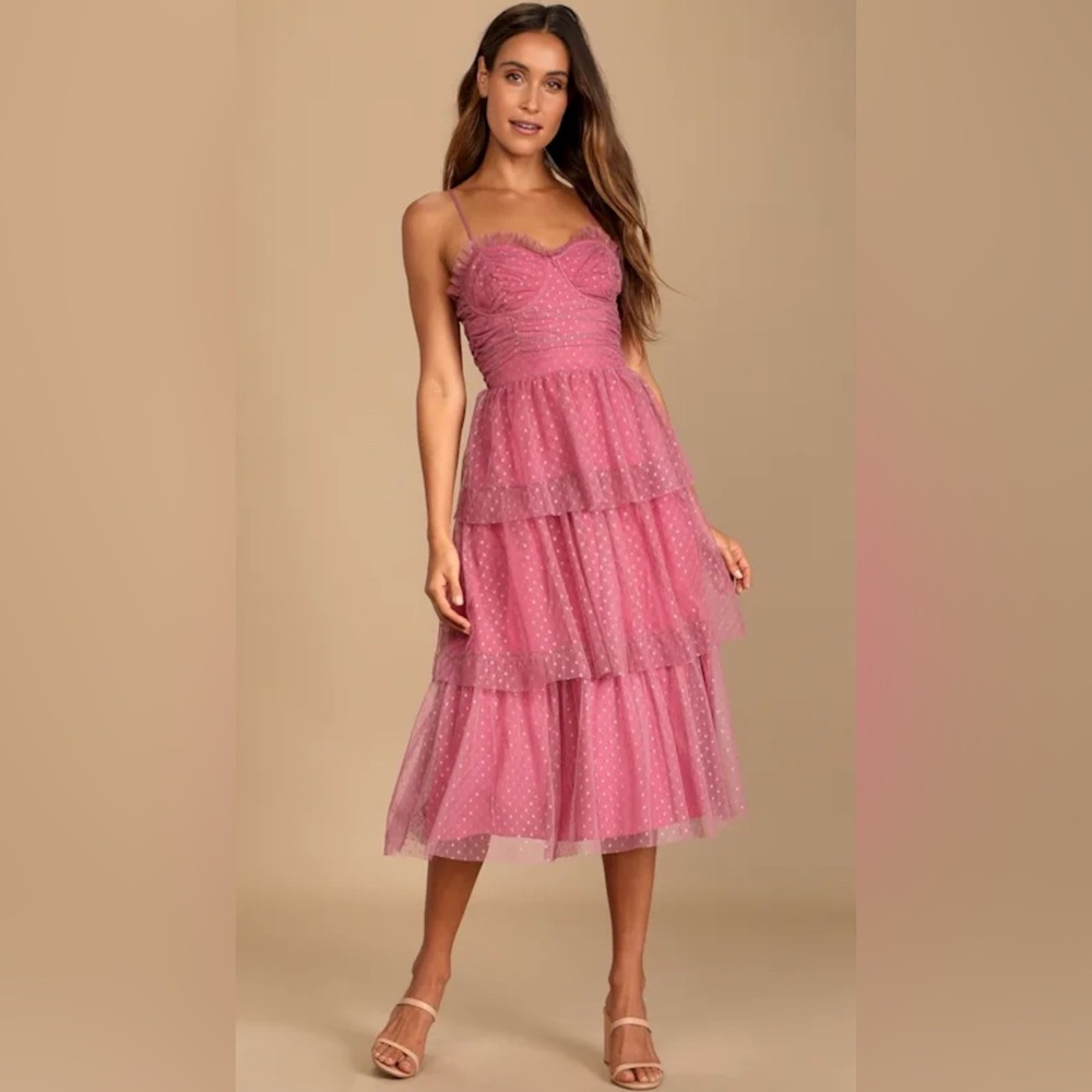 Lulus Sweetheart Style Mauve Polka Dot Bustier Tiered Midi Dress Sz Large - Picture 1 of 4